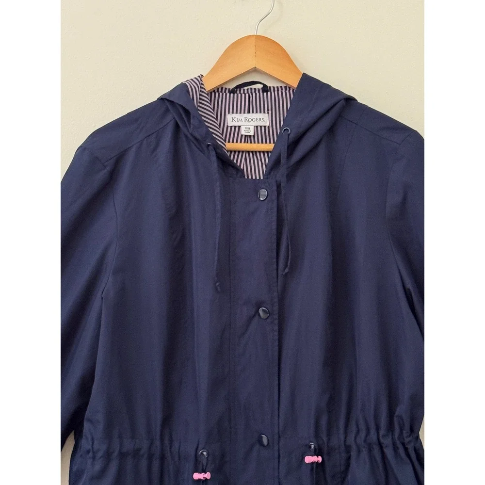 Kim Rogers Women's Navy Hooded Rain Jacket Pink Stripe Lined Drawstring XXL Coat
